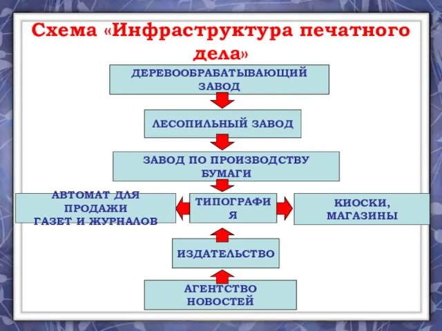 Схема «Инфраструктура печатного дела» ДЕРЕВООБРАБАТЫВАЮЩИЙ ЗАВОД ЛЕСОПИЛЬНЫЙ ЗАВОД ЗАВОД ПО ПРОИЗВОДСТВУ БУМАГИ