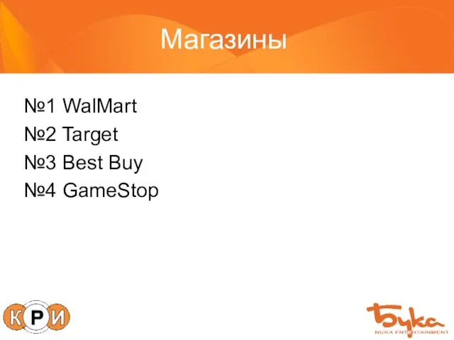 Магазины №1 WalMart №2 Target №3 Best Buy №4 GameStop
