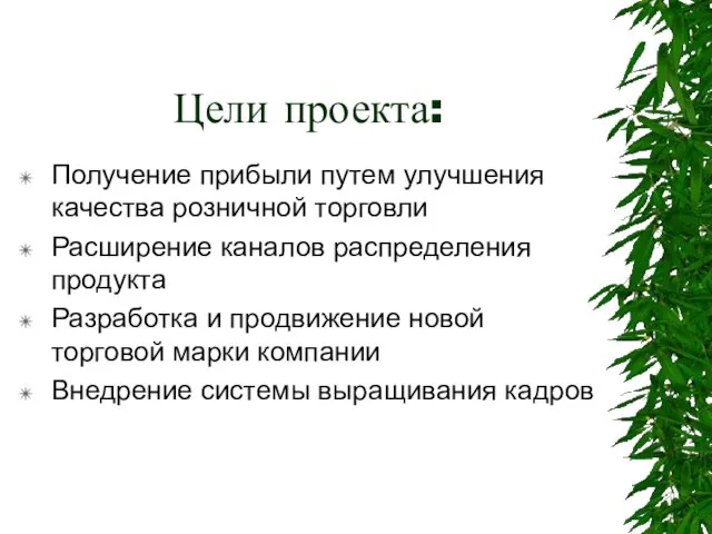 Цели проекта: Получение прибыли путем улучшения качества розничной торговли Расширение каналов распределения