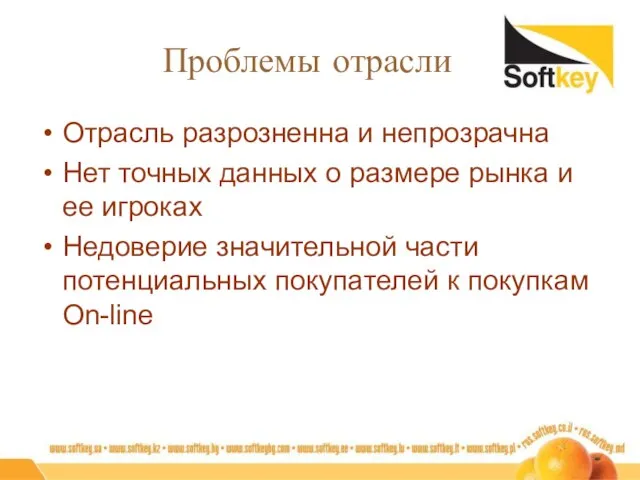 Проблемы отрасли Отрасль разрозненна и непрозрачна Нет точных данных о размере рынка