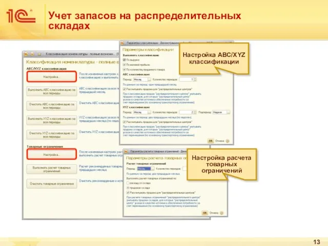 Учет запасов на распределительных складах Настройка АВС/XYZ классификации Настройка расчета товарных ограничений