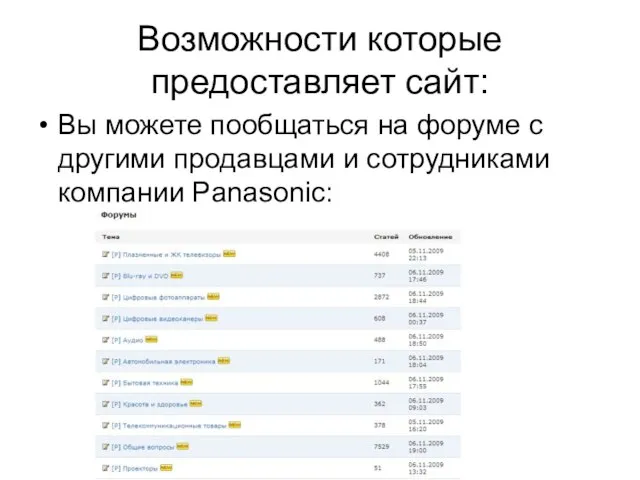 Возможности которые предоставляет сайт: Вы можете пообщаться на форуме с другими продавцами и сотрудниками компании Panasonic: