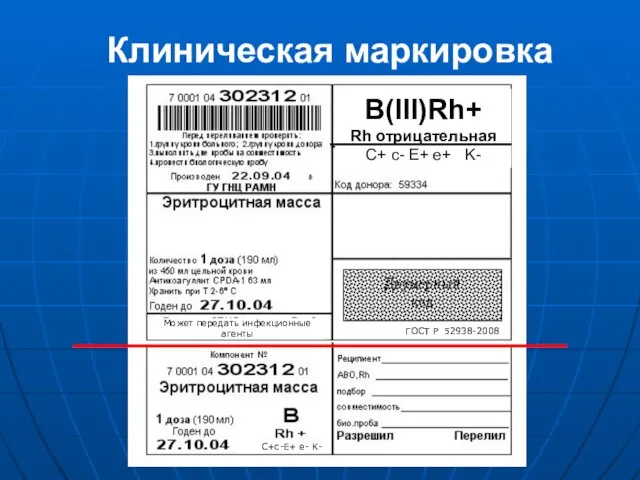 Клиническая маркировка B(III)Rh+ Rh отрицательная C+ c- E+ e+ K- Может передать