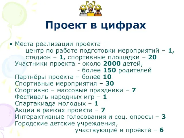 Проект в цифрах Места реализации проекта – центр по работе подготовки мероприятий