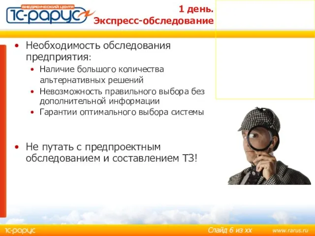 1 день. Экспресс-обследование Необходимость обследования предприятия: Наличие большого количества альтернативных решений Невозможность