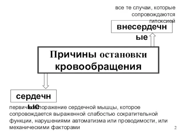 Причины остановки кровообращения сердечные внесердечные первичное поражение сердечной мышцы, которое сопровождается выраженной