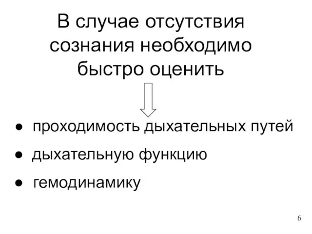 В случае отсутствия сознания необходимо быстро оценить проходимость дыхательных путей дыхательную функцию гемодинамику 6