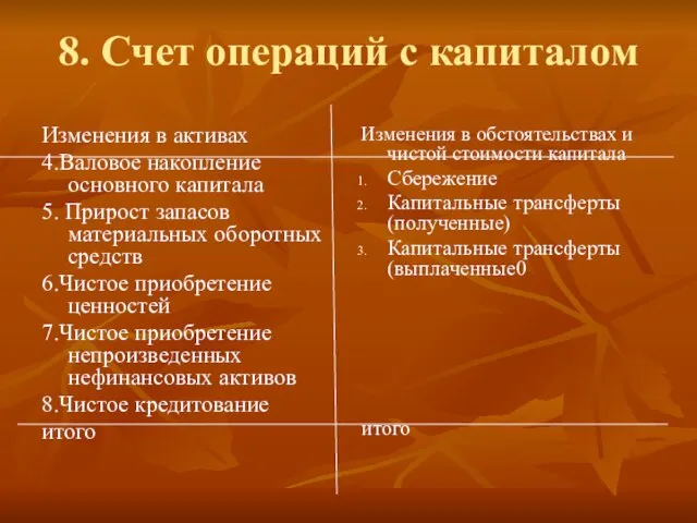 8. Счет операций с капиталом Изменения в активах 4.Валовое накопление основного капитала