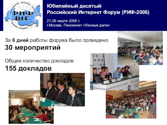 За 6 дней работы форума было проведено 30 мероприятий Общее количество докладов: 155 докладов