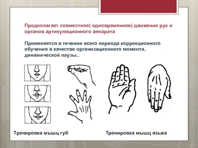 Предполагает совместное( одновременное) движение рук и органов артикуляционного аппарата Применяется в течении