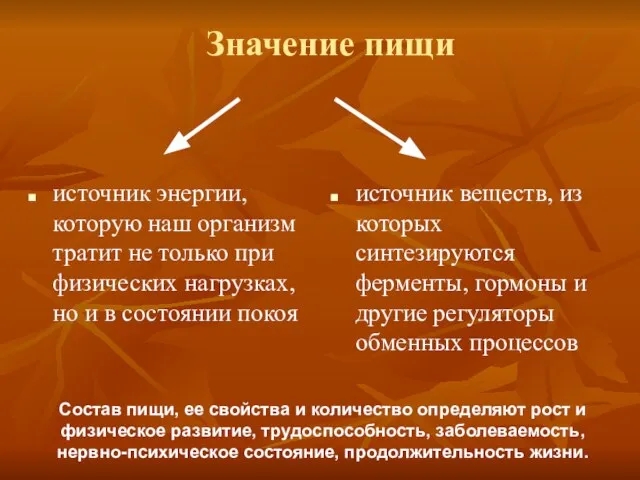 Значение пищи источник энергии, которую наш организм тратит не только при физических