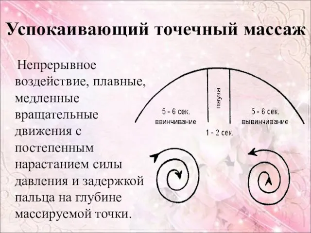 Успокаивающий точечный массаж Непрерывное воздействие, плавные, медленные вращательные движения с постепенным нарастанием