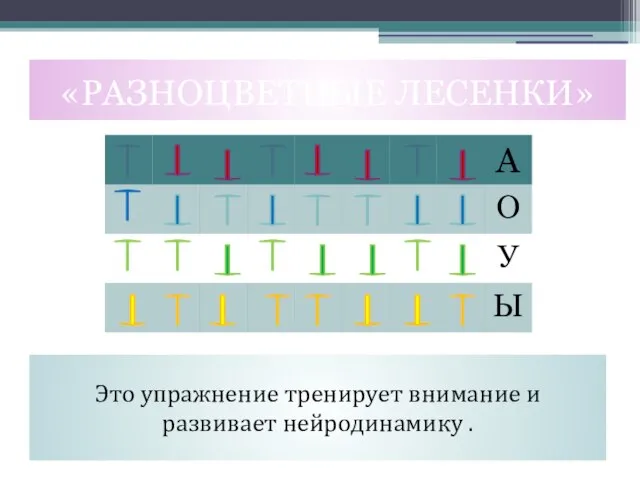 Это упражнение тренирует внимание и развивает нейродинамику . «РАЗНОЦВЕТНЫЕ ЛЕСЕНКИ»