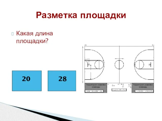 Разметка площадки Какая длина площадки? 20 28 20 28