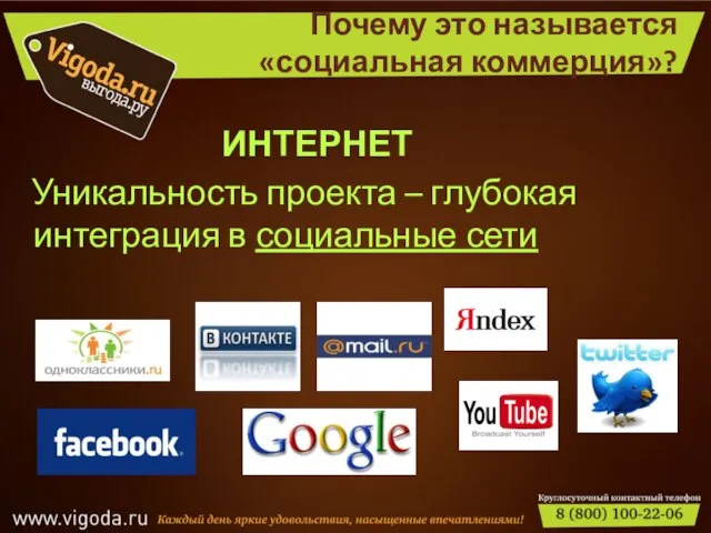 ИНТЕРНЕТ Уникальность проекта – глубокая интеграция в социальные сети Почему это называется «социальная коммерция»?