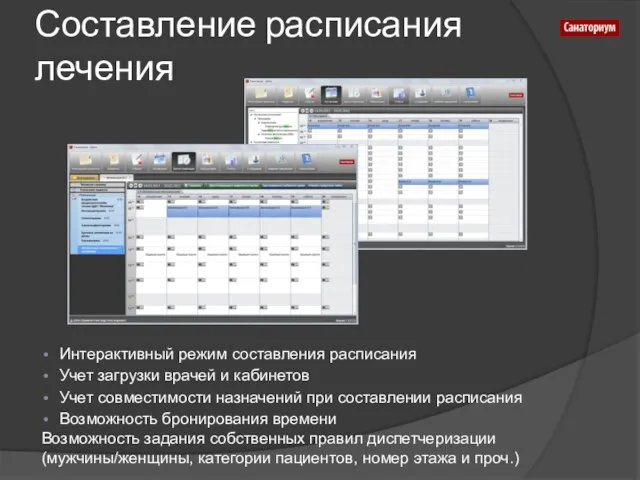 Составление расписания лечения Интерактивный режим составления расписания Учет загрузки врачей и кабинетов