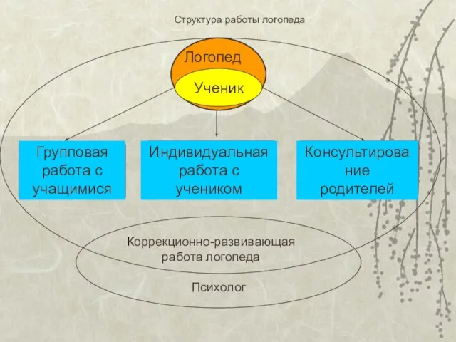 Структура работы логопеда Ученик Групповая работа с учащимися Индивидуальная работа с учеником