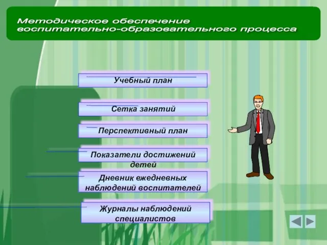 Учебный план Сетка занятий Перспективный план Показатели достижений детей Дневник ежедневных наблюдений воспитателей Журналы наблюдений специалистов