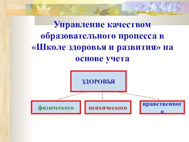 Управление качеством образовательного процесса в «Школе здоровья и развития» на основе учета ЗДОРОВЬЯ физического психического нравственного