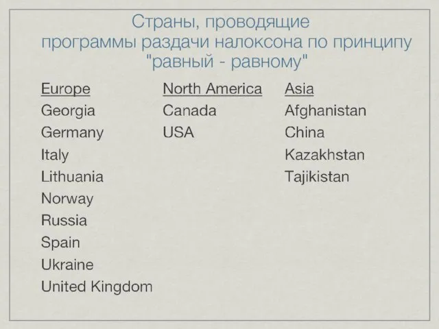 Страны, проводящие программы раздачи налоксона по принципу "равный - равному"