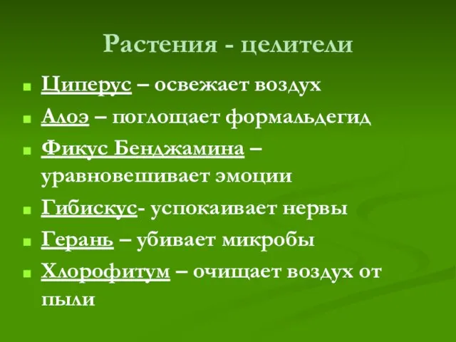 Растения - целители Циперус – освежает воздух Алоэ – поглощает формальдегид Фикус