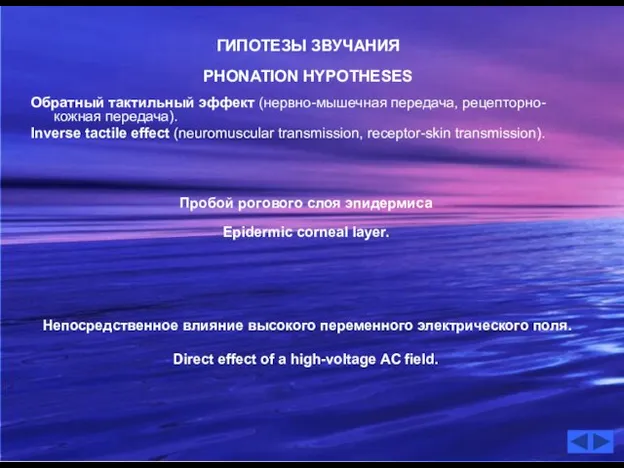 ГИПОТЕЗЫ ЗВУЧАНИЯ PHONATION HYPOTHESES Обратный тактильный эффект (нервно-мышечная передача, рецепторно-кожная передача). Inverse