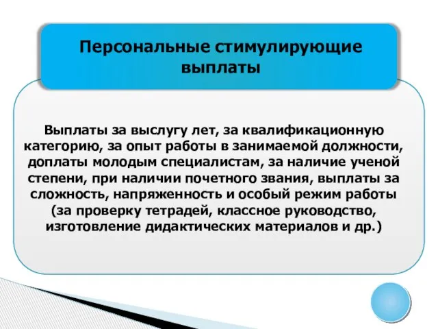 Персональные стимулирующие выплаты Выплаты за выслугу лет, за квалификационную категорию, за опыт