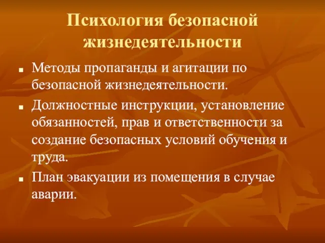 Психология безопасной жизнедеятельности Методы пропаганды и агитации по безопасной жизнедеятельности. Должностные инструкции,