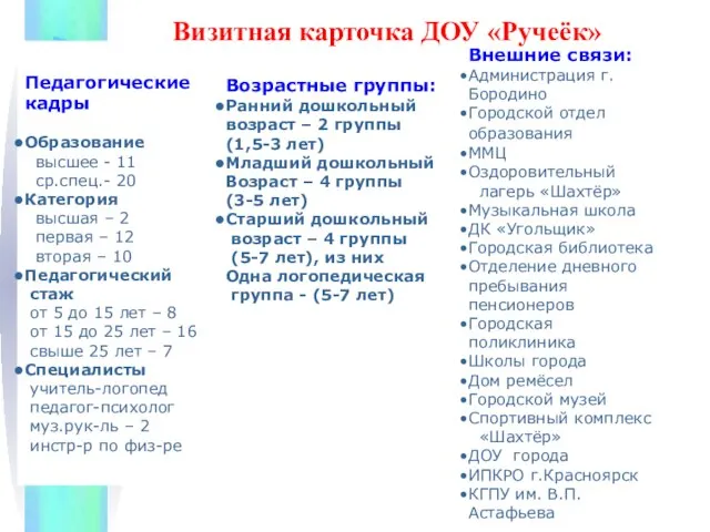 Визитная карточка ДОУ «Ручеёк» Возрастные группы: Ранний дошкольный возраст – 2 группы