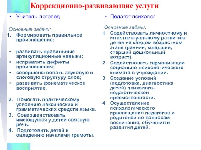 Коррекционно-развивающие услуги Учитель-логопед Основные задачи: Формировать правильное произношение: развивать правильные артикуляционные навыки;