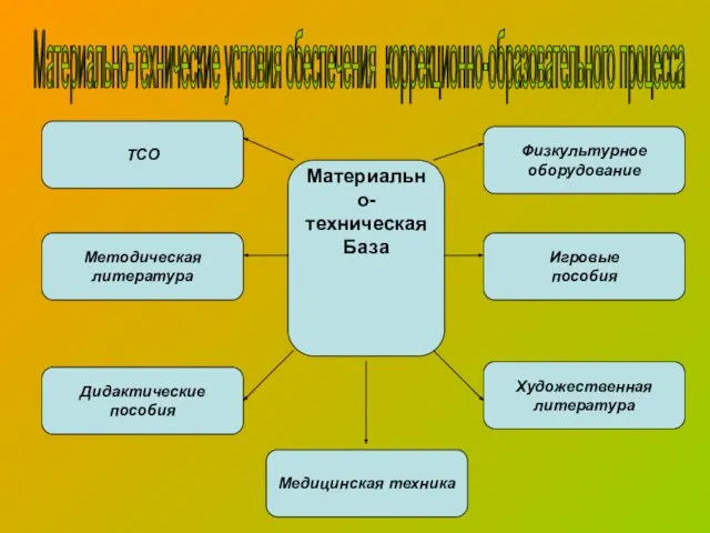 Материально-технические условия обеспечения коррекционно-образовательного процесса Материально- техническая База ТСО Методическая литература Дидактические