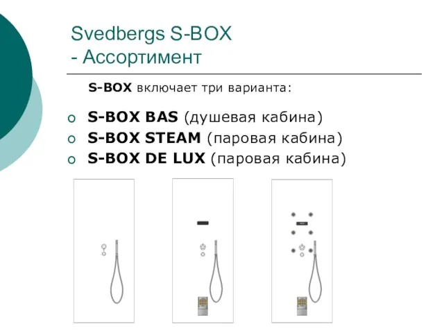 Svedbergs S-BOX - Ассортимент S-BOX включает три варианта: S-BOX BAS (душевая кабина)