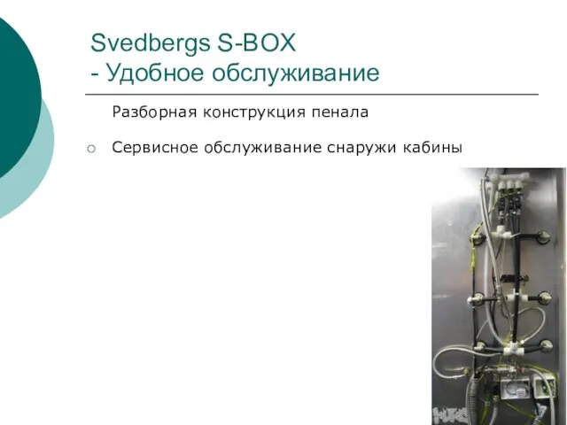 Svedbergs S-BOX - Удобное обслуживание Разборная конструкция пенала Сервисное обслуживание снаружи кабины