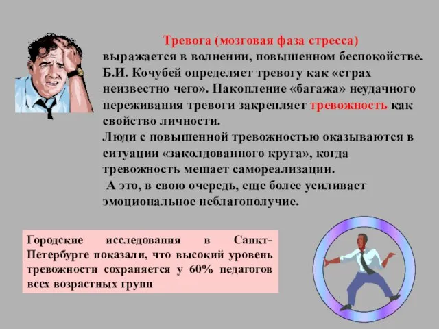 Тревога (мозговая фаза стресса) выражается в волнении, повышенном беспокойстве. Б.И. Кочубей определяет