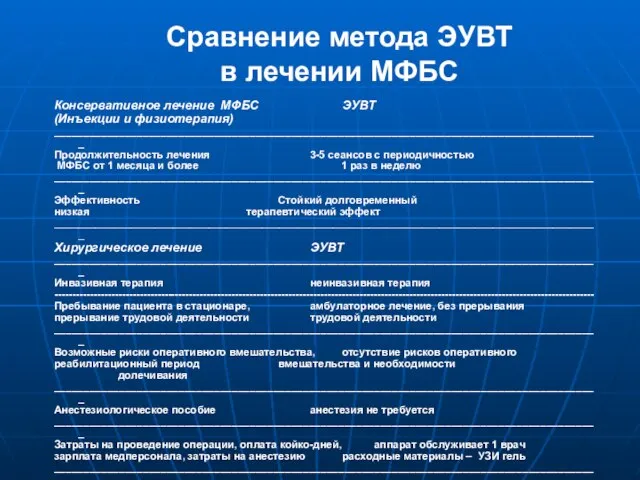 Сравнение методa ЭУВТ в лечении МФБС Консервативное лечение МФБС ЭУВТ (Инъекции и