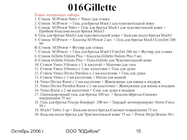 Октябрь 2006 г. ООО "ЮДиКом" 016Gillette Новые подарочные наборы 1. Cтанок M3Power