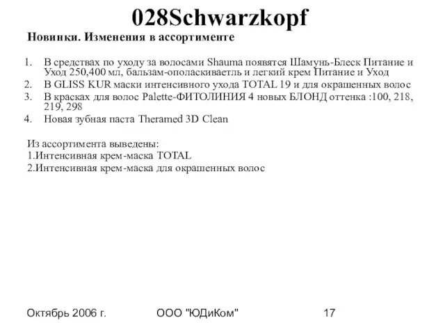 Октябрь 2006 г. ООО "ЮДиКом" 028Schwarzkopf Новинки. Изменения в ассортименте В средствах