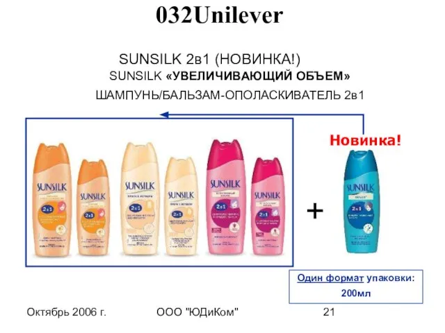 Октябрь 2006 г. ООО "ЮДиКом" SUNSILK 2в1 (НОВИНКА!) SUNSILK «УВЕЛИЧИВАЮЩИЙ ОБЪЕМ» ШАМПУНЬ/БАЛЬЗАМ-ОПОЛАСКИВАТЕЛЬ