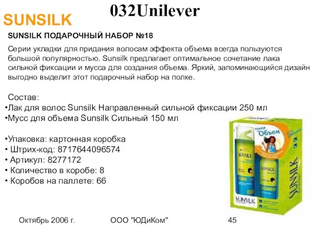 Октябрь 2006 г. ООО "ЮДиКом" SUNSILK ПОДАРОЧНЫЙ НАБОР №18 Серии укладки для