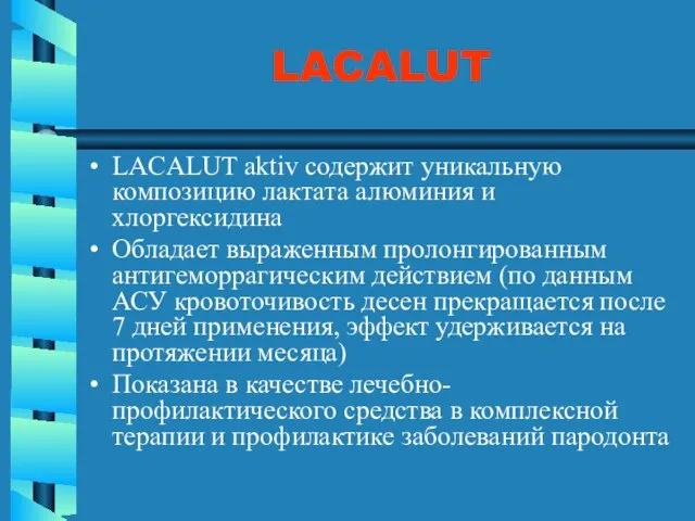 LACALUT LACALUT aktiv cодержит уникальную композицию лактата алюминия и хлоргексидина Обладает выраженным