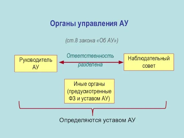 Органы управления АУ (ст.8 закона «Об АУ») Руководитель АУ Наблюдательный совет Иные