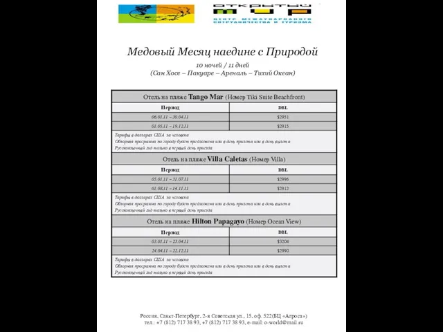 Медовый Месяц наедине с Природой 10 ночей / 11 дней (Сан Хосе