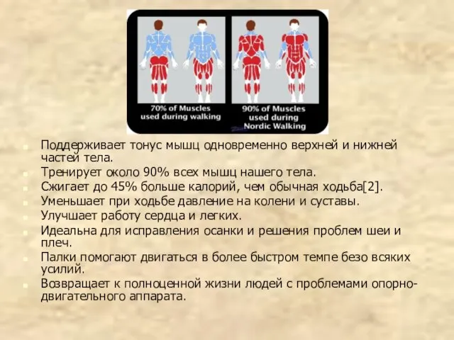 Поддерживает тонус мышц одновременно верхней и нижней частей тела. Тренирует около 90%