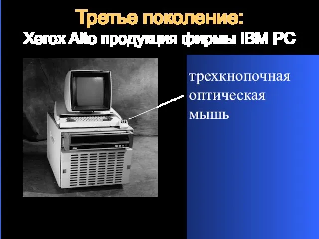 Третье поколение: Xerox Alto продукция фирмы IBM PC трехкнопочная оптическая мышь