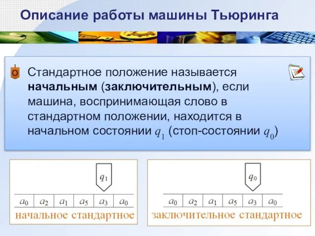 Описание работы машины Тьюринга Стандартное положение называется начальным (заключительным), если машина, воспринимающая