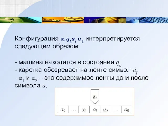 Конфигурация α1qkal α2 интерпретируется следующим образом: - машина находится в состоянии qk