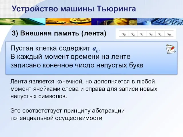 3) Внешняя память (лента) Устройство машины Тьюринга Пустая клетка содержит a0. В