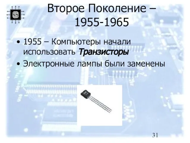 Второе Поколение – 1955-1965 1955 – Компьютеры начали использовать Транзисторы Электронные лампы были заменены