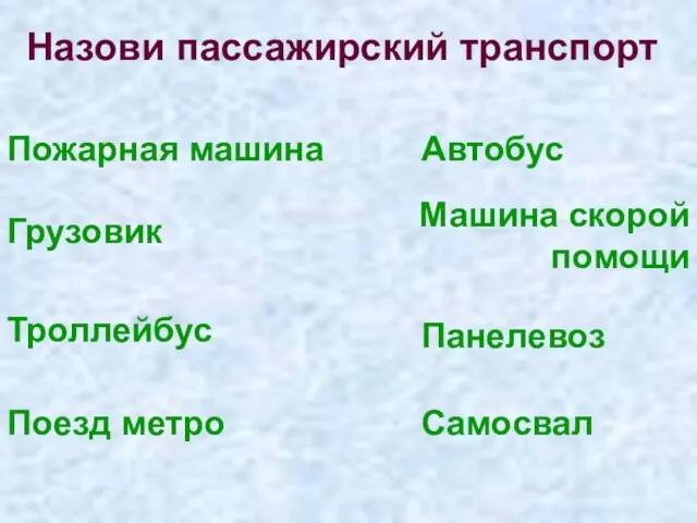 Назови пассажирский транспорт Пожарная машина Грузовик Троллейбус Поезд метро Автобус Машина скорой помощи Панелевоз Самосвал