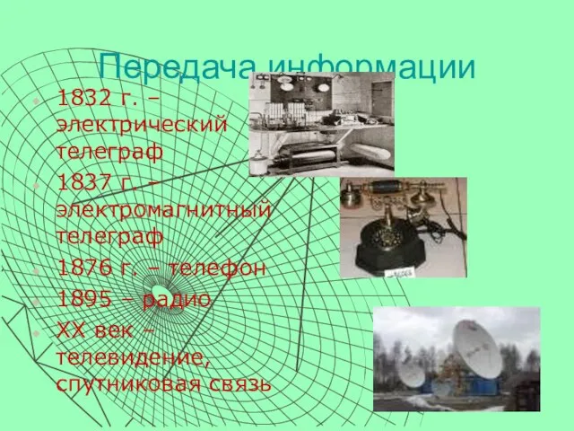 Передача информации 1832 г. – электрический телеграф 1837 г. – электромагнитный телеграф